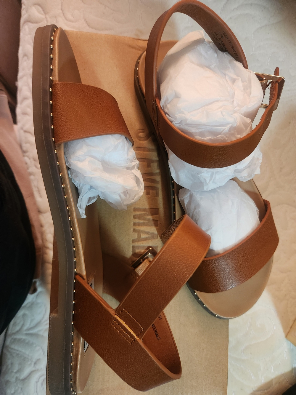 Women's Tan Leather-Look Ankle Strap Sandals